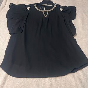 BCX Black Cold Shoulder Blouse with Silver Trim